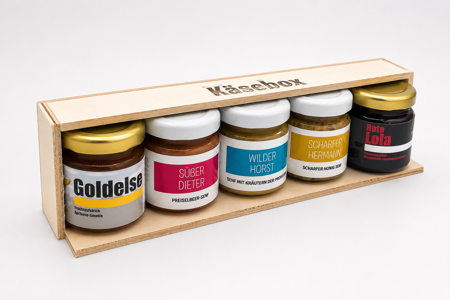 Käsebox – Geschenkbox mit 2 Senfsorten und 3 Fruchtaufstrichen