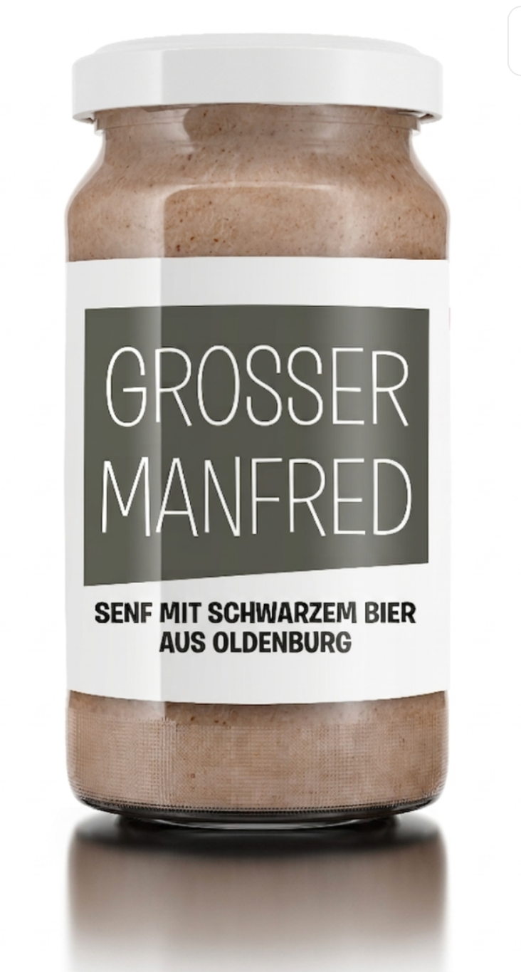Grosser Manfred – süßlicher Schwarzbiersenf mit Ols Black Betty im 185-ml-Glas
