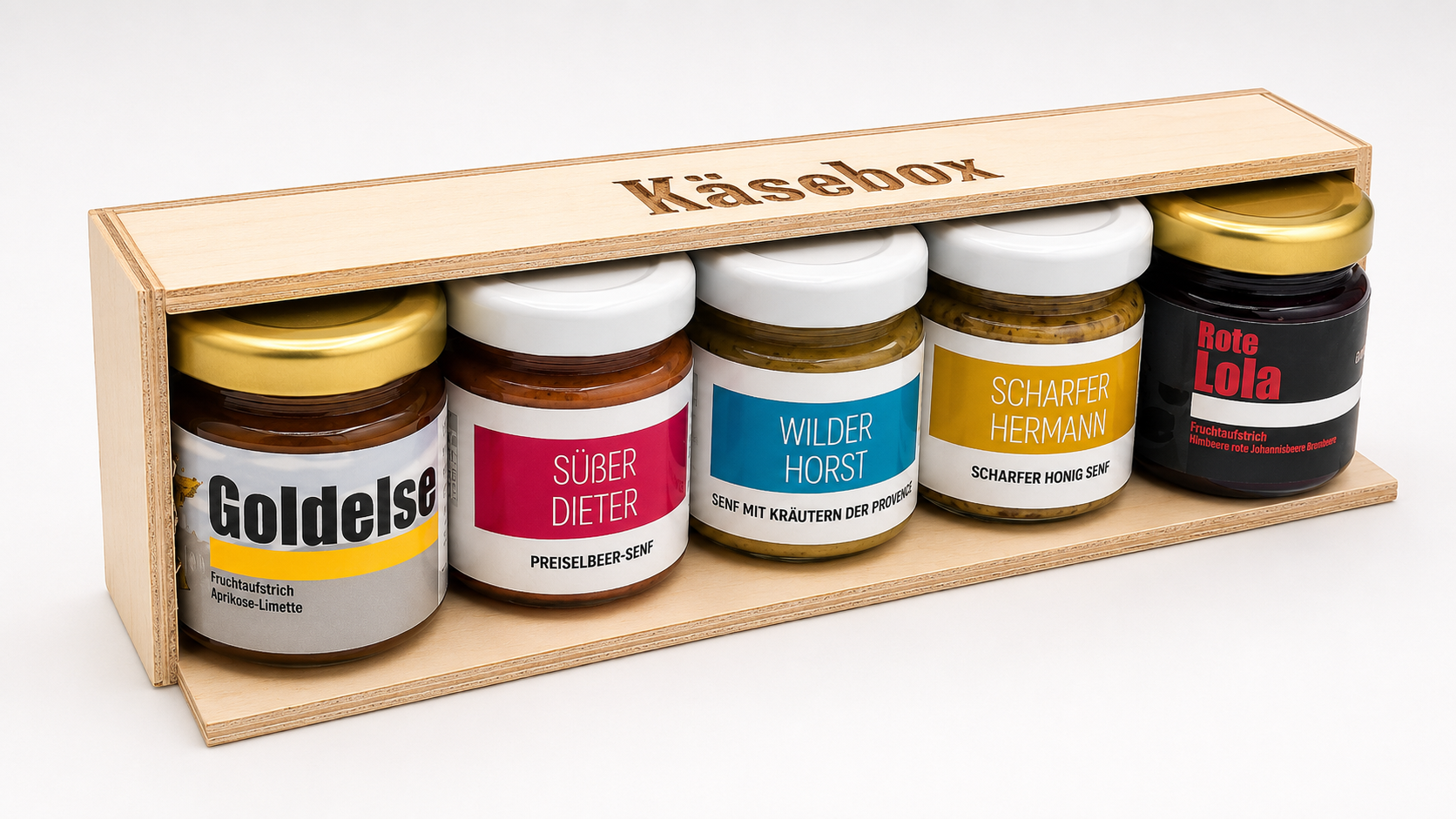 Käsebox – Geschenkbox mit 2 Senfsorten und 3 Fruchtaufstrichen