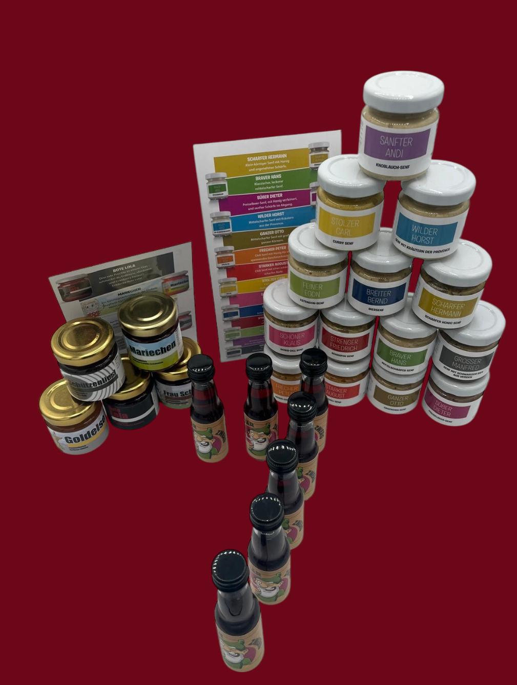 Adventskalender - alle 14 Sorten Senf, alle 5 Fruchtweiber, 7 Zwerge Adventskalender - alle 14 Sorten Senf, alle 5 Fruchtweiber, 7 Zwerge